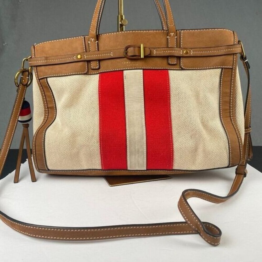 Tory Burch Maritime Nautical Handbag Crossbody Canvas Leather Red Tan Stripe
